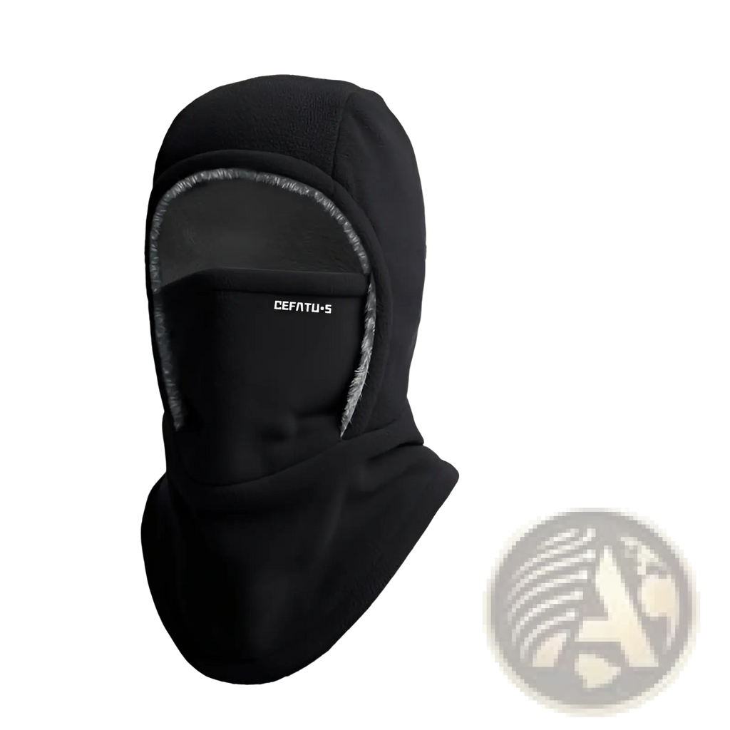 Black cefatu-s fleece hooded balaclava winter thermal hat with soft fleece lining and ribbed edge detailing
