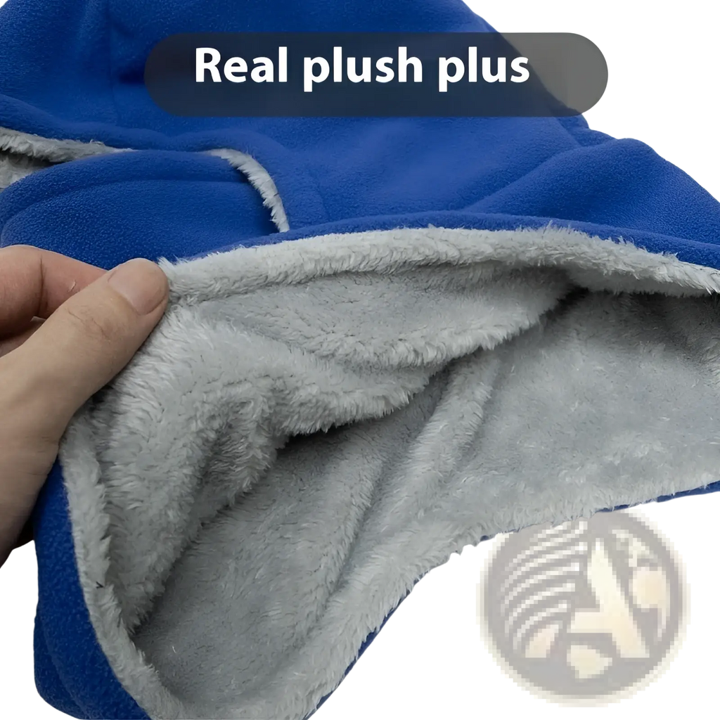 Blue and gray fleece hooded balaclava winter thermal hat with plush-lined soft fluffy texture for cold weather use