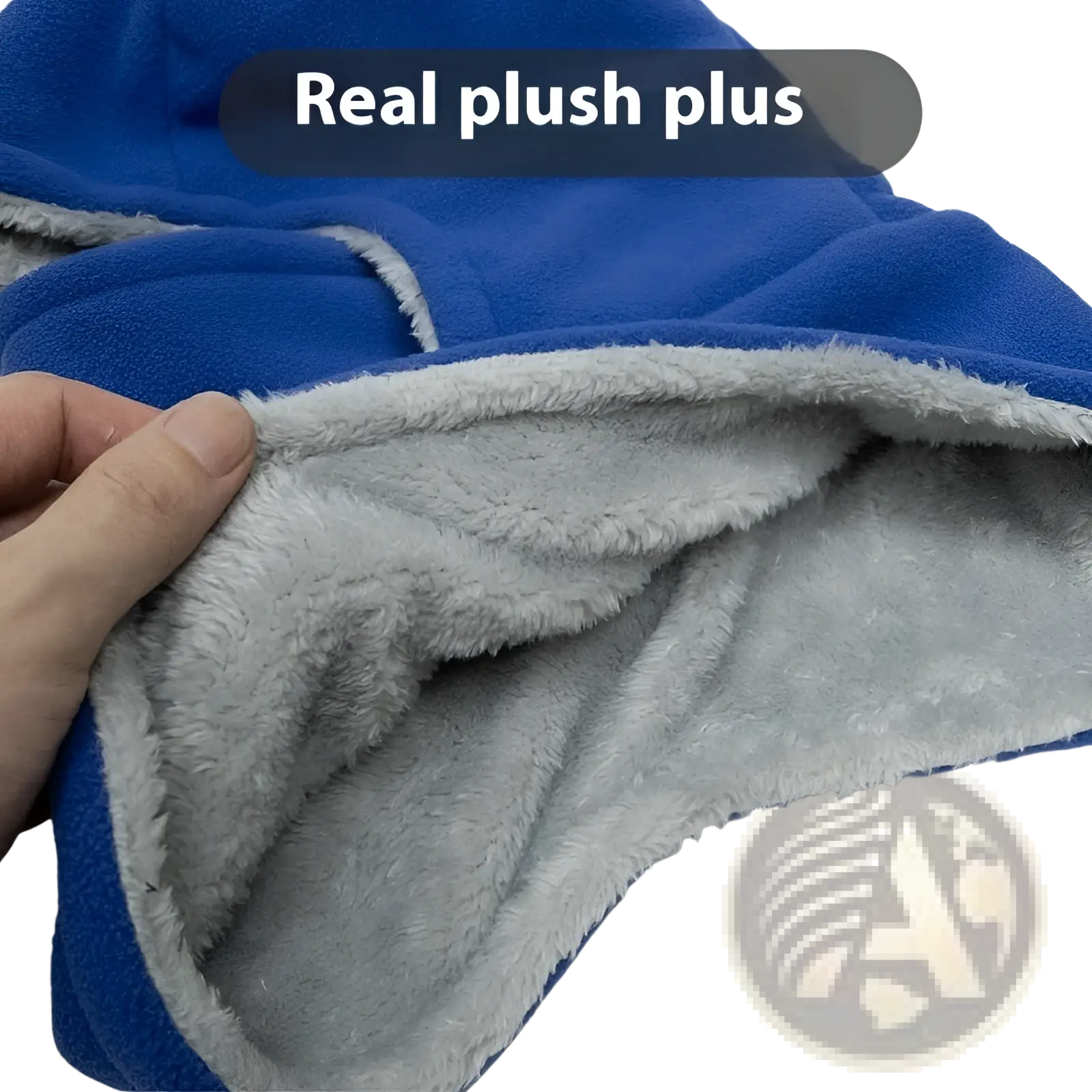 Blue and gray fleece hooded balaclava winter thermal hat with plush-lined soft fluffy texture for cold weather use
