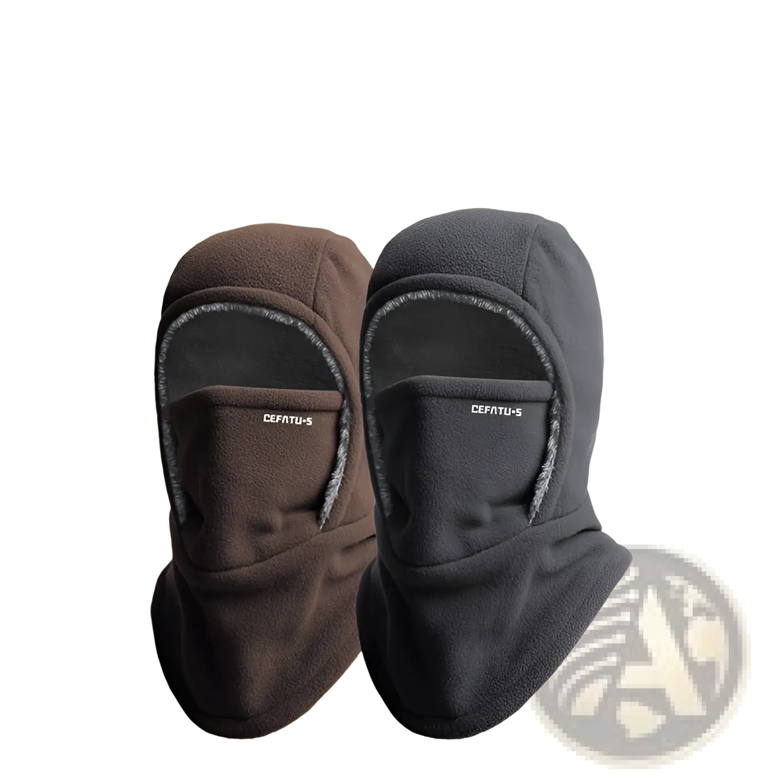 Brown and black fleece hooded balaclava winter thermal hat with plush one-piece design for windproof warmth covering head face and neck