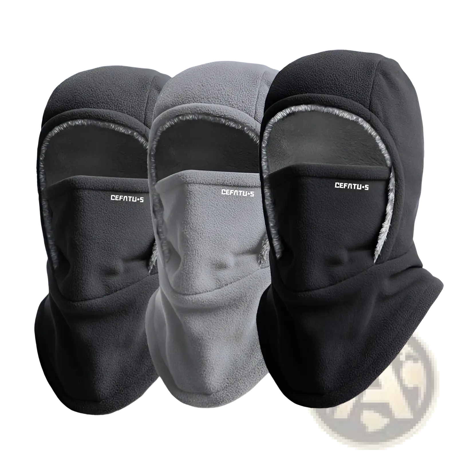 Fleece hooded balaclava winter thermal hat in black and gray thickened fleece with soft plush texture and white trim