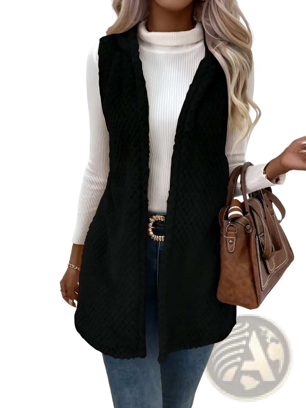 Black fleece hooded vest with plush open front outerwear and textured diamond-patterned knit design