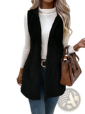 Black fleece hooded vest with plush open front outerwear and textured diamond-patterned knit design