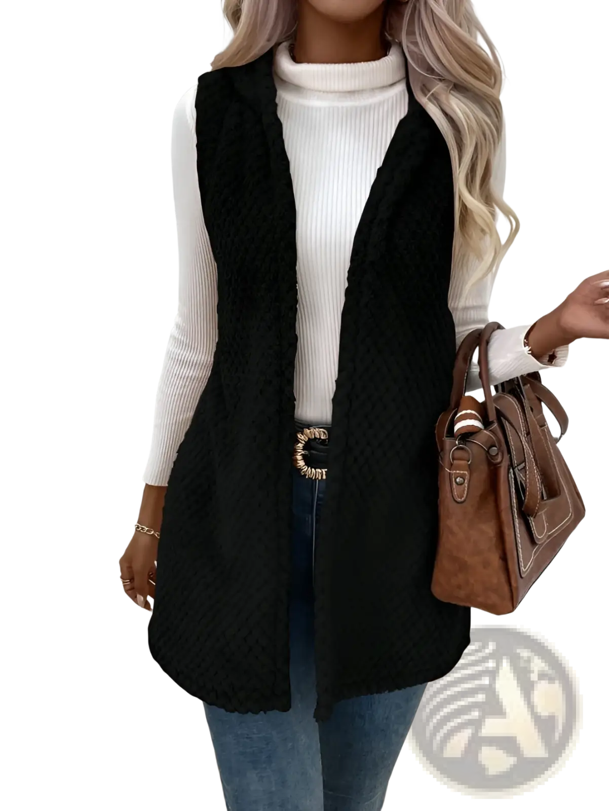 Black fleece hooded vest with plush open front outerwear and textured diamond-patterned knit design