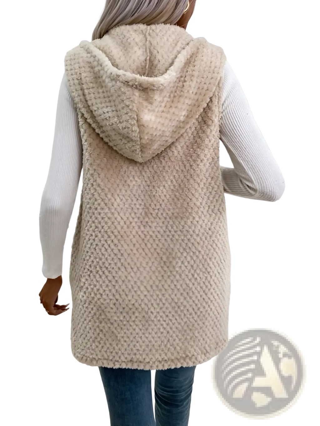 Beige fleece hooded vest with plush textured knit fabric and open front design for outerwear use