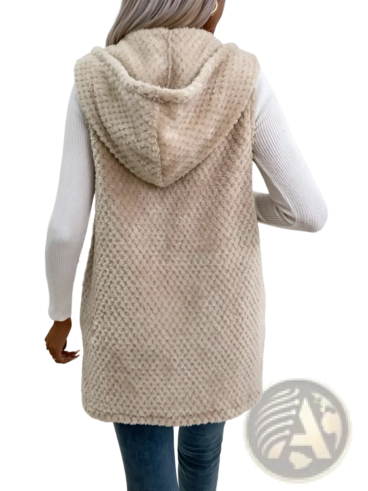 Beige fleece hooded vest with plush textured knit fabric and open front design for outerwear use