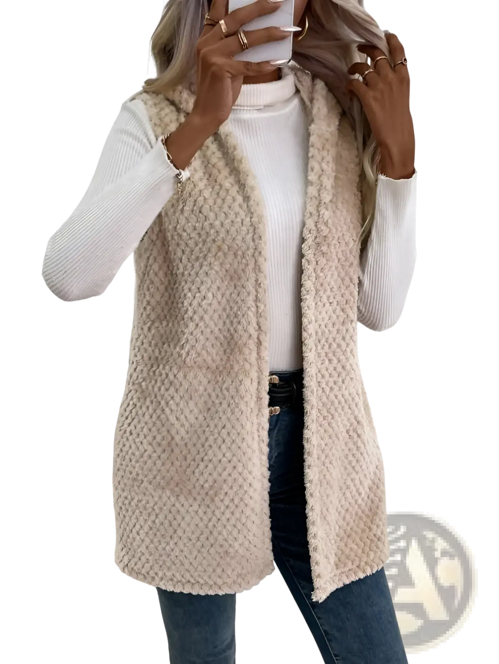 Beige fleece hooded vest with plush open front outerwear design and cozy fuzzy textured knit finish