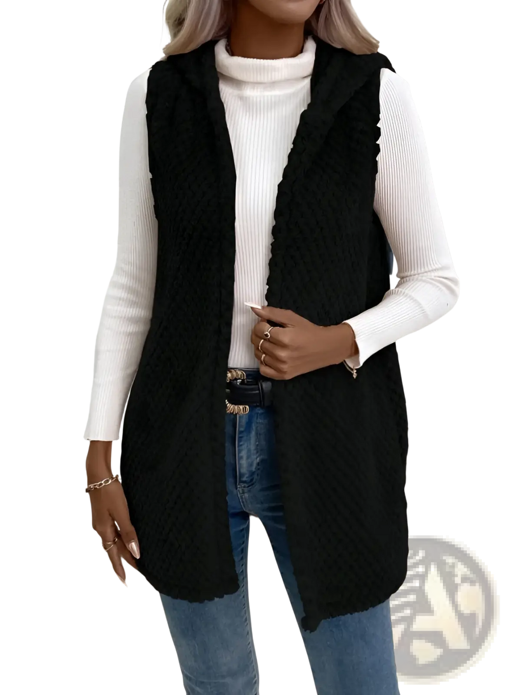 Black fleece hooded vest with plush open front and textured knit pattern featuring soft fuzzy trim along edges