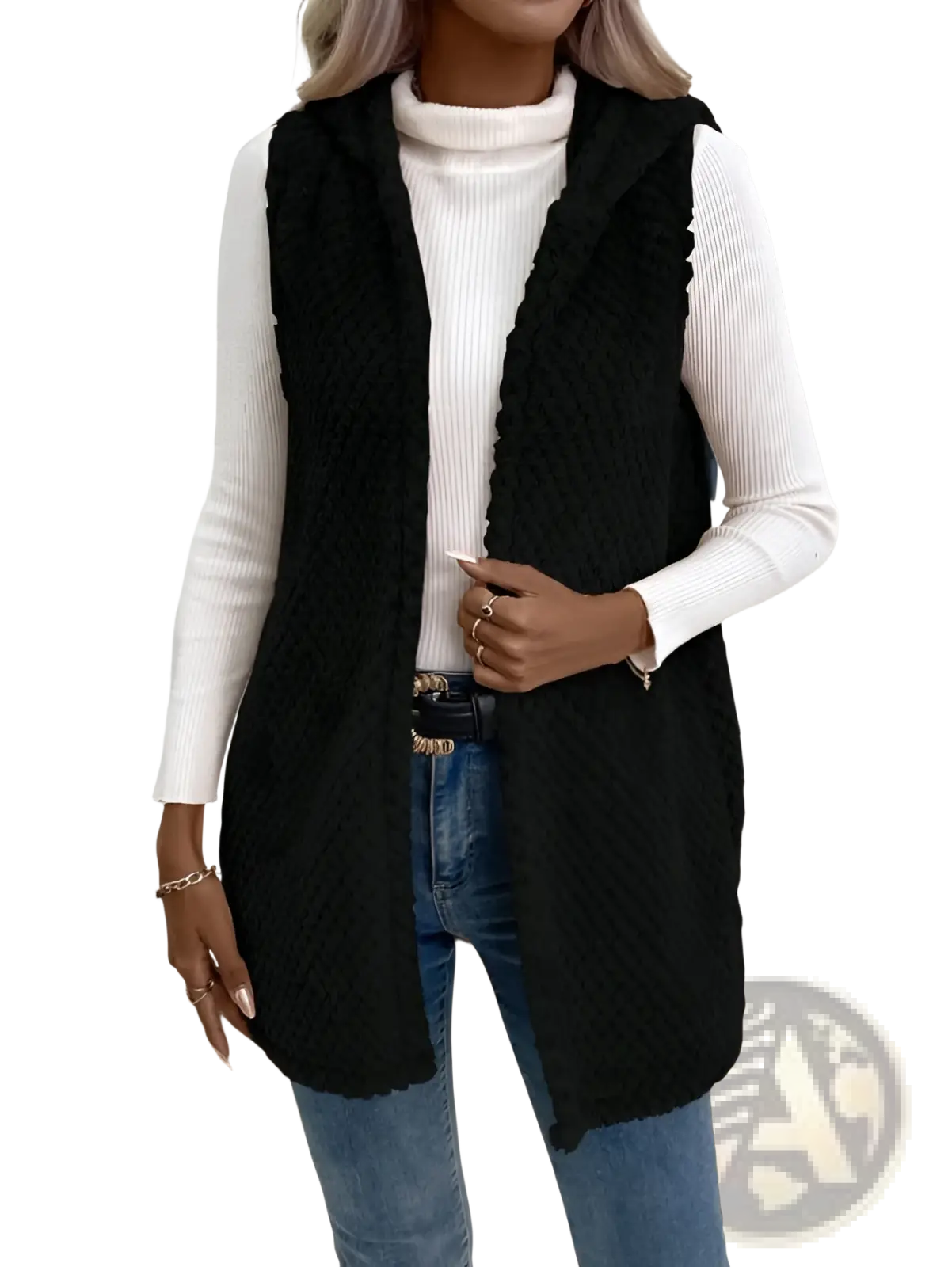 Black fleece hooded vest with plush open front and textured knit pattern featuring soft fuzzy trim along edges
