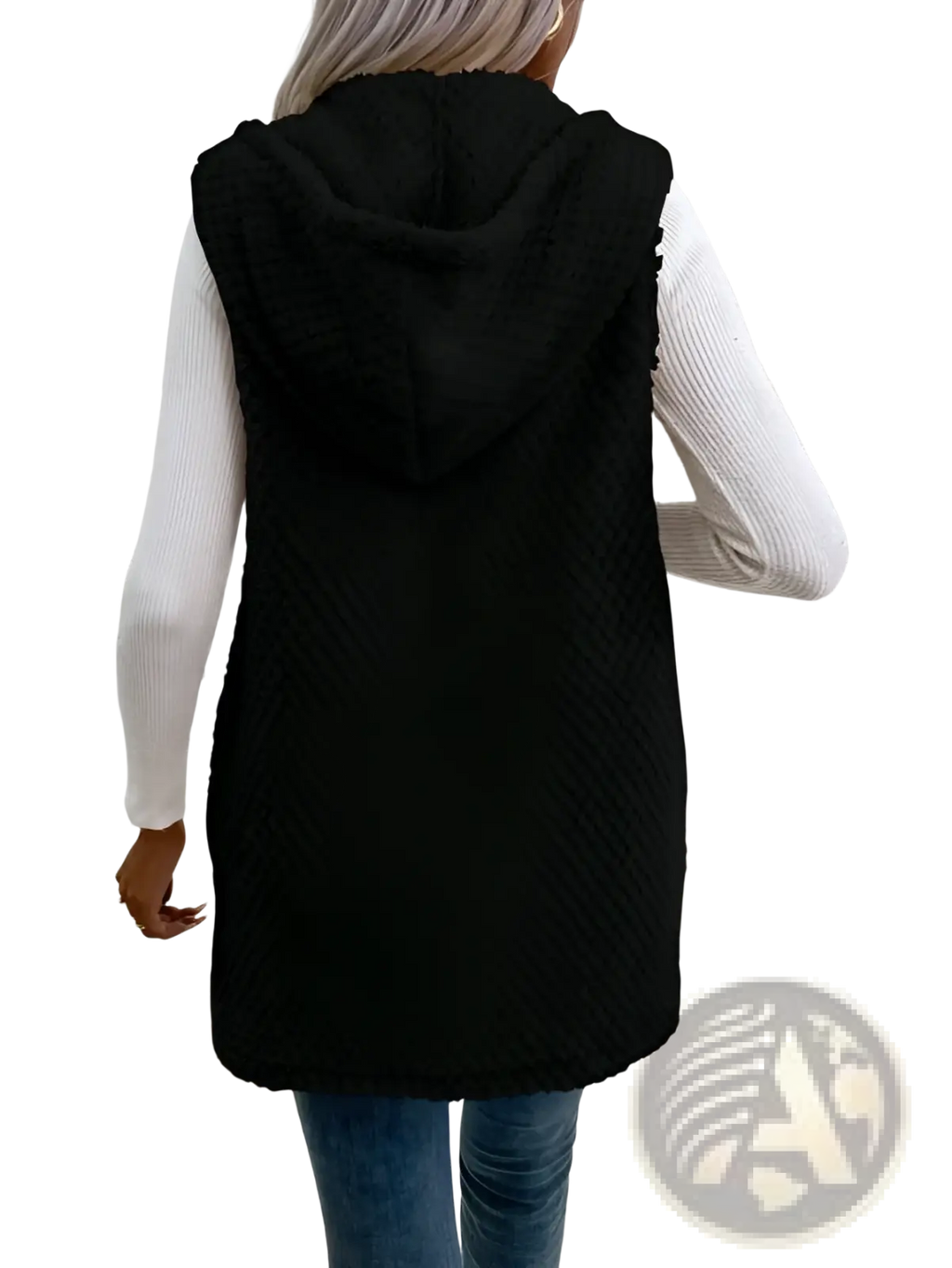 Black textured fleece hooded vest featuring a plush open front design for cozy outerwear use