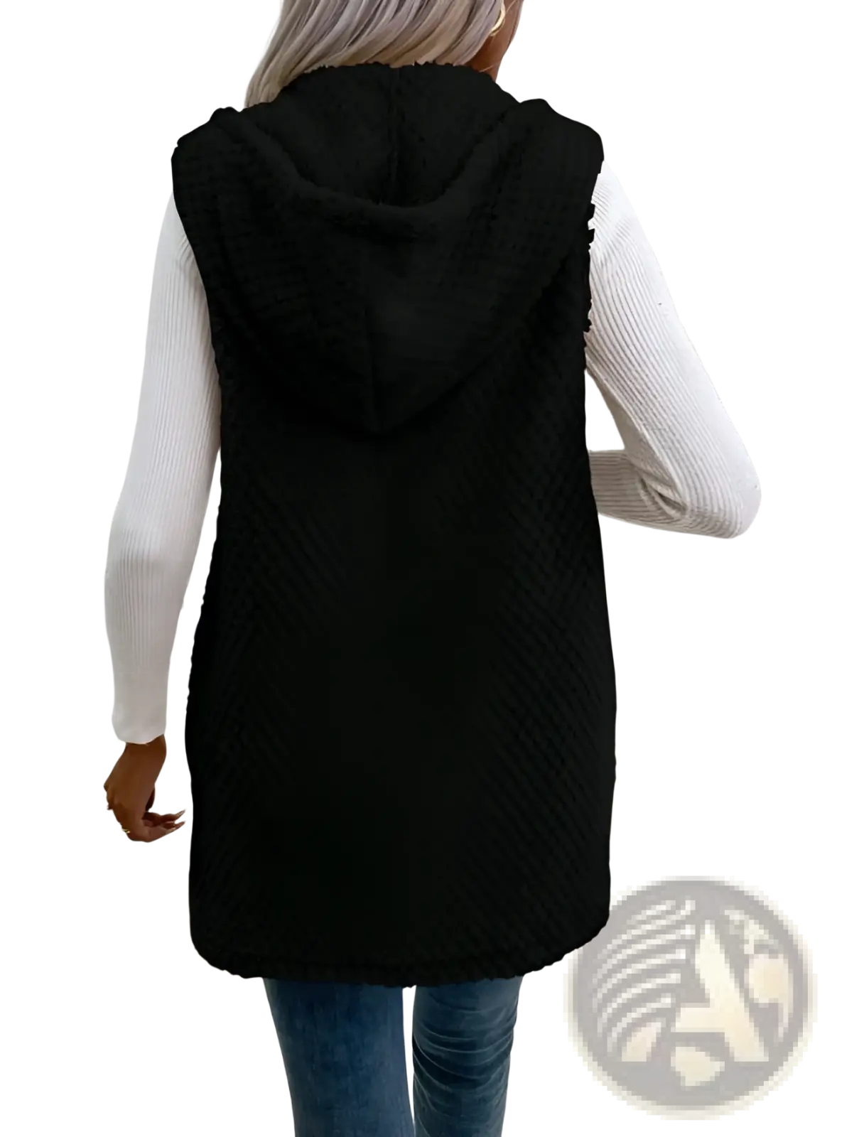 Black textured fleece hooded vest featuring a plush open front design for cozy outerwear use