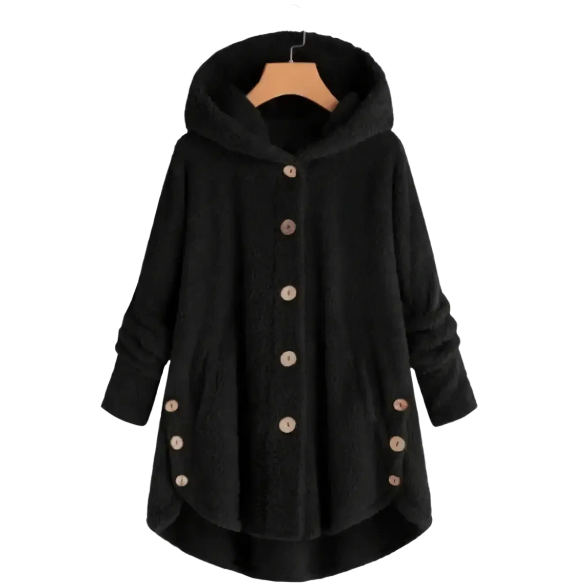 Black fuzzy fleece hooded winter coat for women with wooden buttons and a cozy design for cold weather use