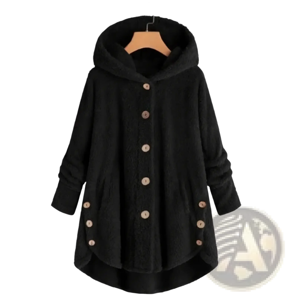 Black fleece hooded winter coat for women with fuzzy texture wooden buttons and a cozy slouchy design