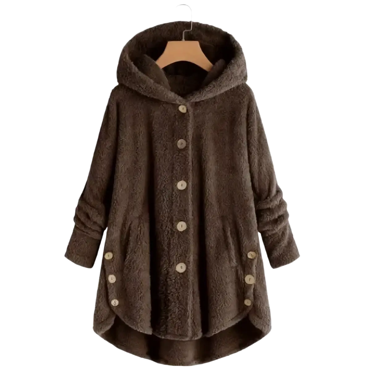 Fleece hooded winter coat for women in brown fuzzy material with beige buttons and side pockets