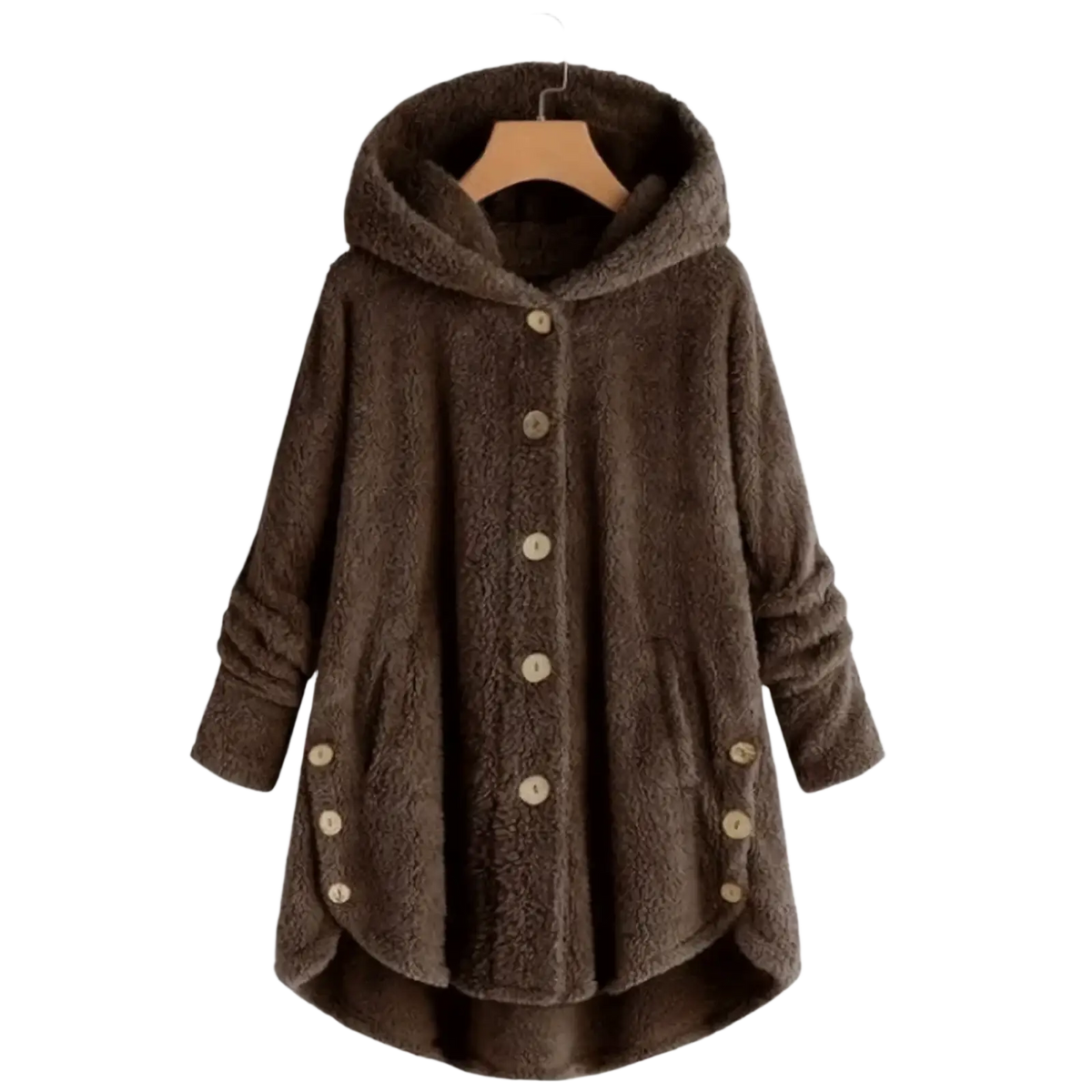 Brown fleece hooded winter coat for women with beige buttons and oversized relaxed silhouette
