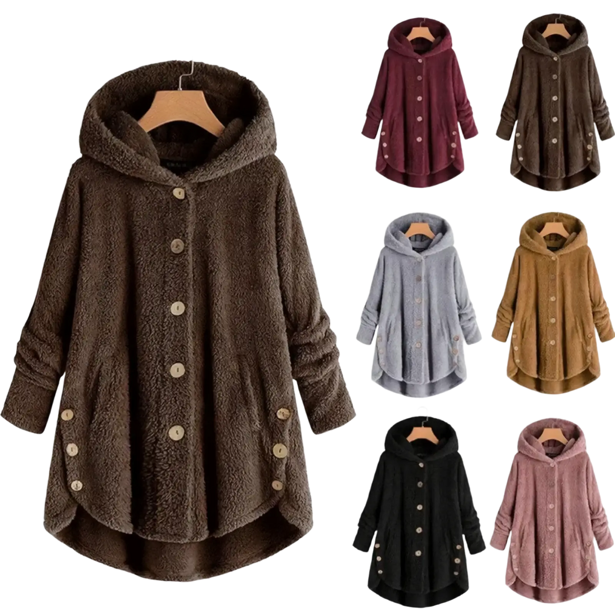 Brown fleece hooded winter coat for women featuring a fuzzy texture button closures and oversized relaxed fit