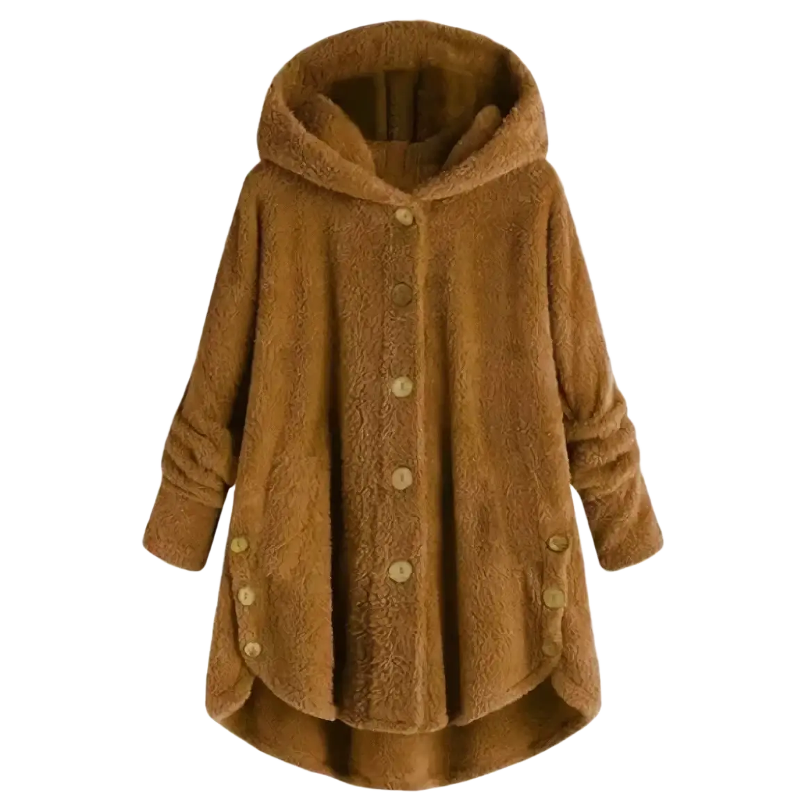 Fleece hooded winter coat for women in brown fuzzy material with button closures and side pockets