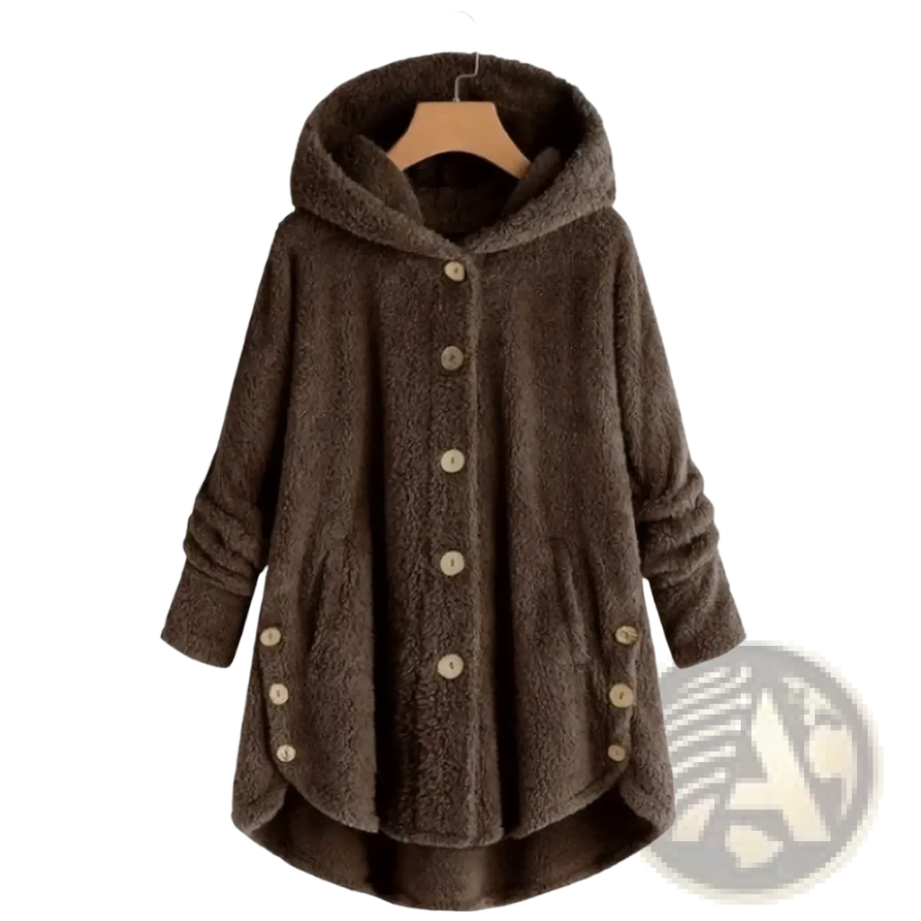 Brown fleece hooded winter coat for women with beige buttons and oversized relaxed silhouette