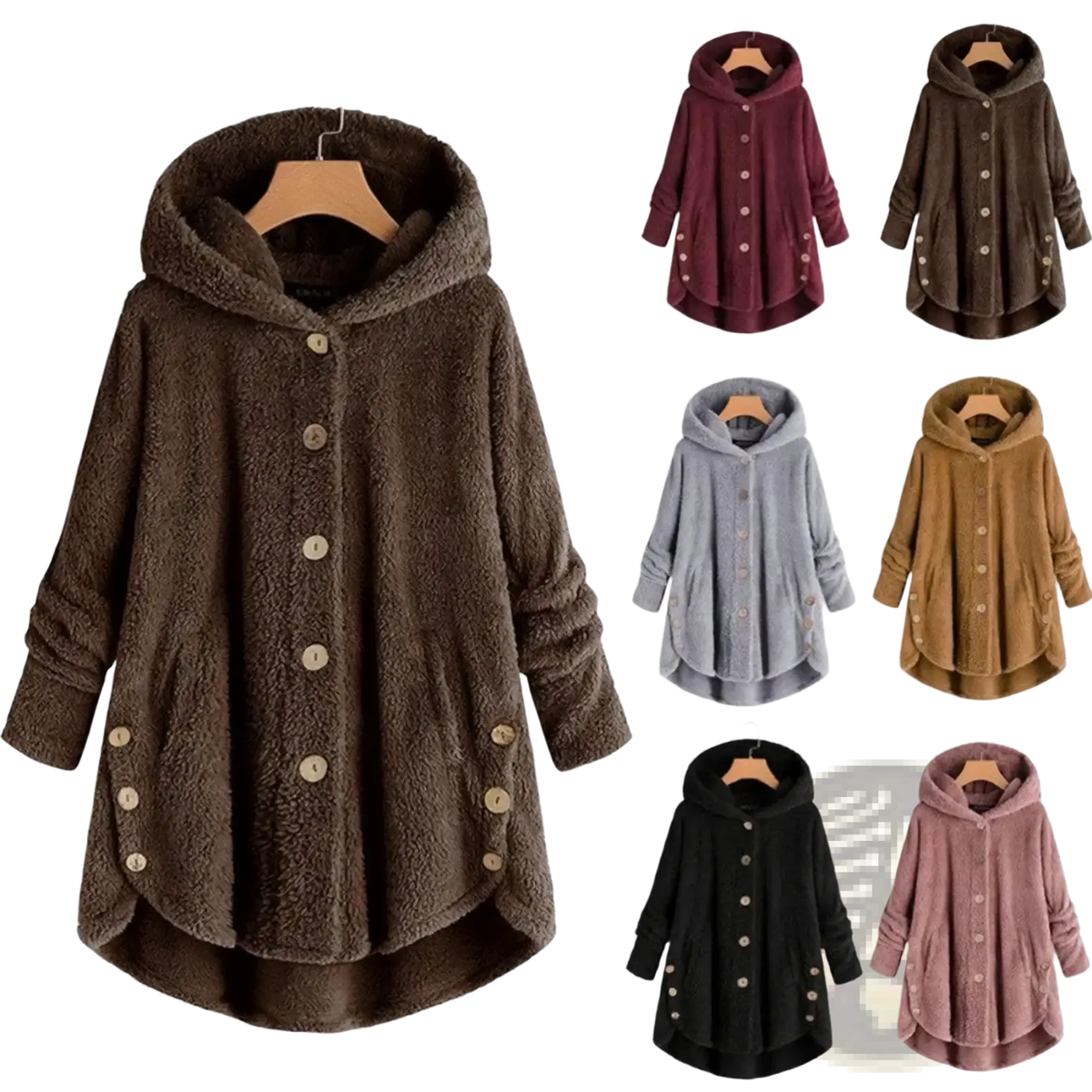Brown fleece hooded winter coat for women featuring a fuzzy texture button closures and oversized relaxed fit