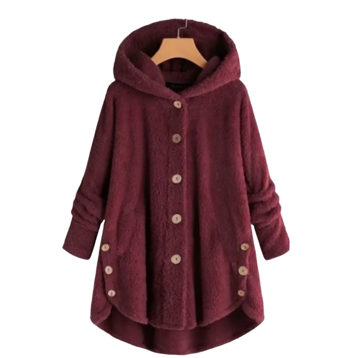 Btsukimi maroon fleece hooded winter coat for women with button closures and side pockets in fuzzy material