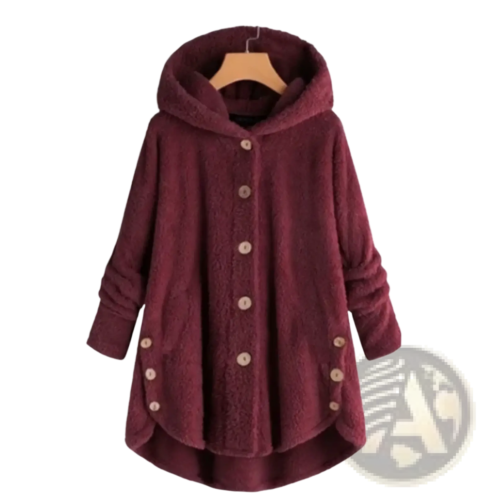 Btsukimi maroon fleece hooded winter coat for women with button closures and side pockets in fuzzy material
