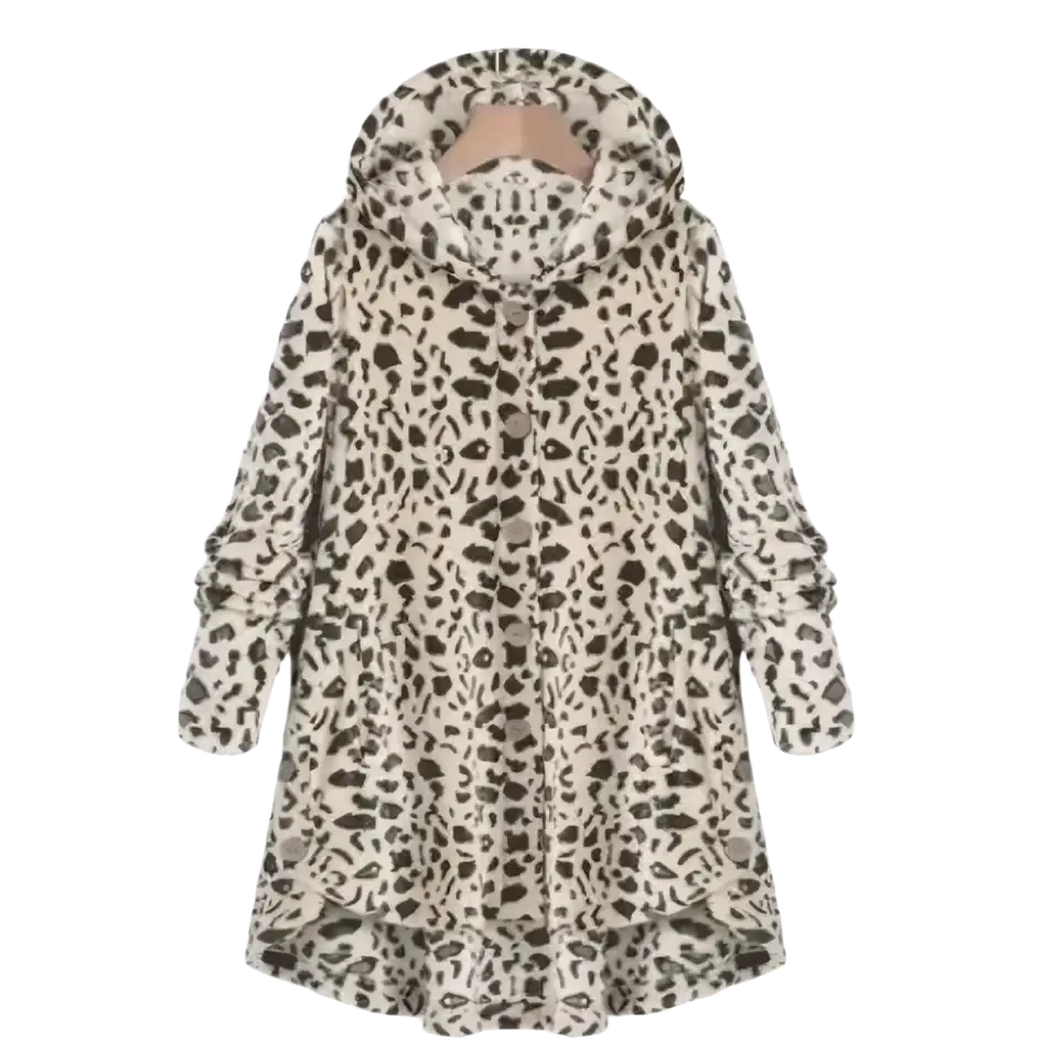 A cozy beige and black leopard-print fleece hooded winter coat for women with soft textured fabric