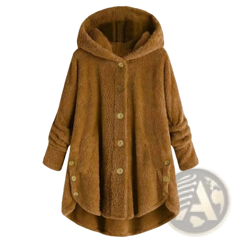 A cozy brown fleece hooded winter coat for women with soft textured fabric and matching buttons