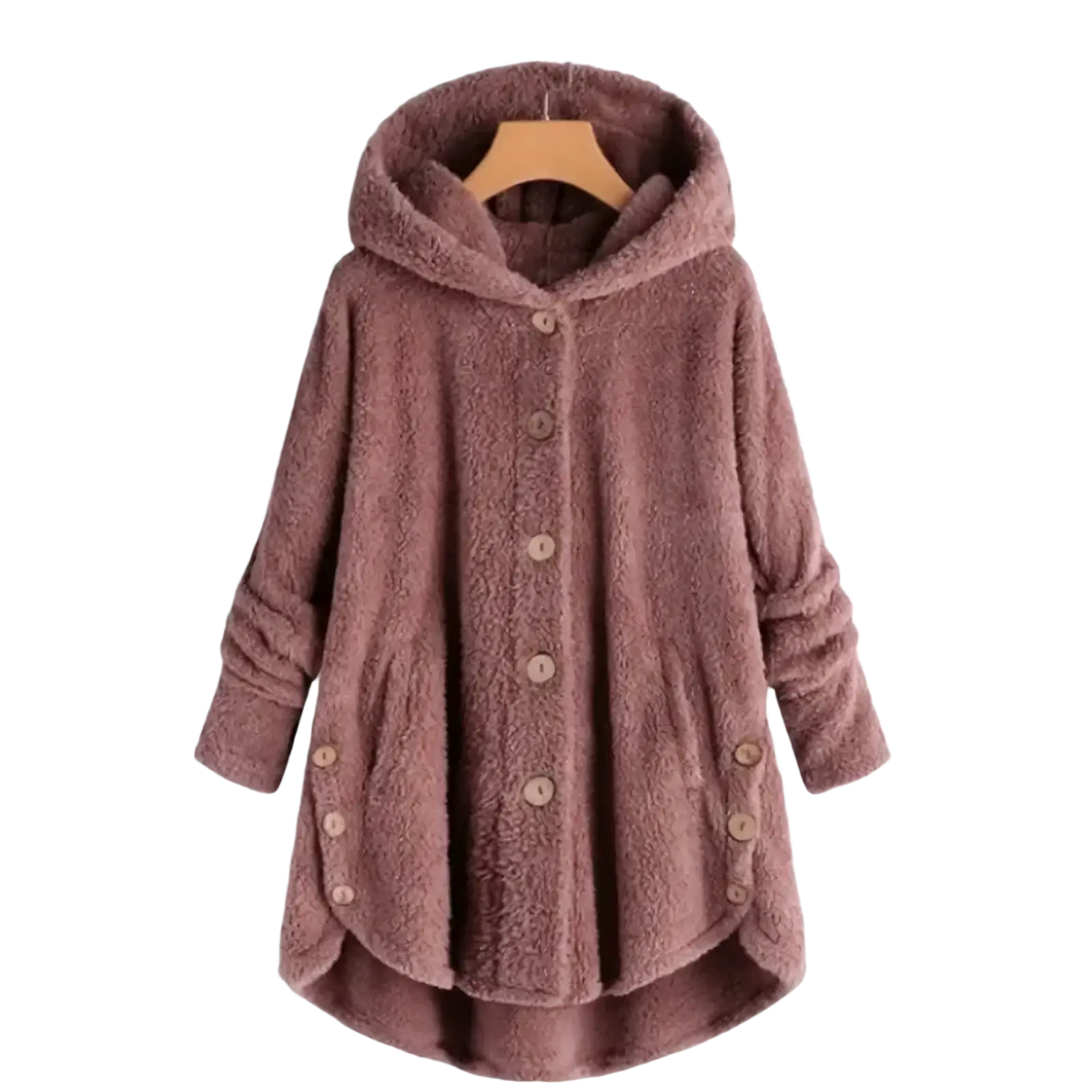 A cozy dusty rose fleece hooded winter coat for women featuring a soft textured surface and matching buttons