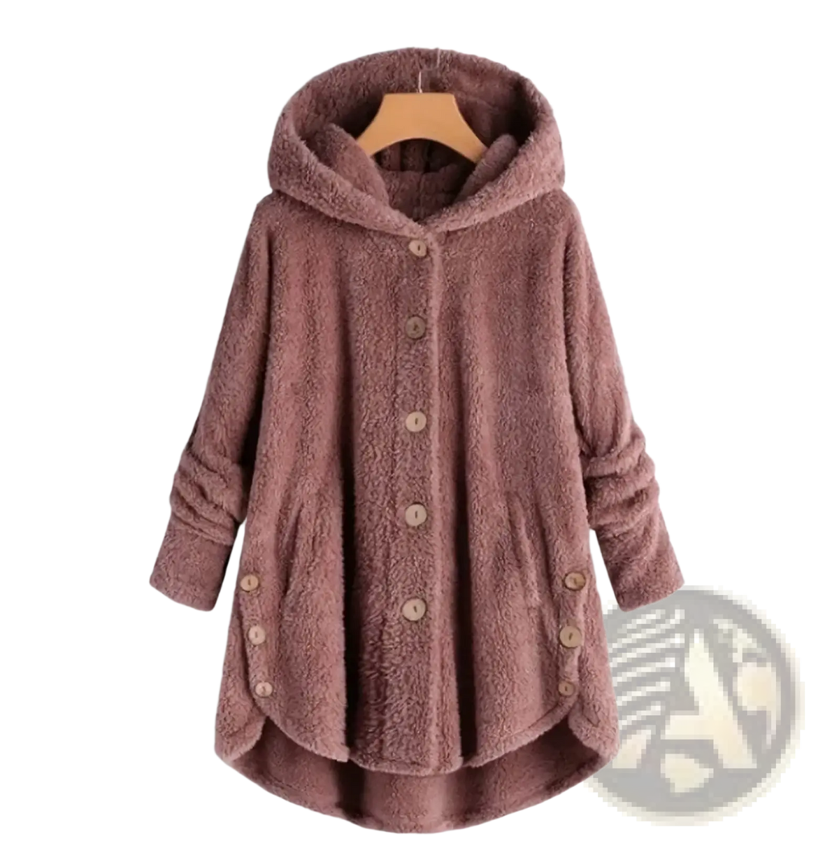 A cozy dusty rose fleece hooded winter coat for women with soft texture and matching buttons