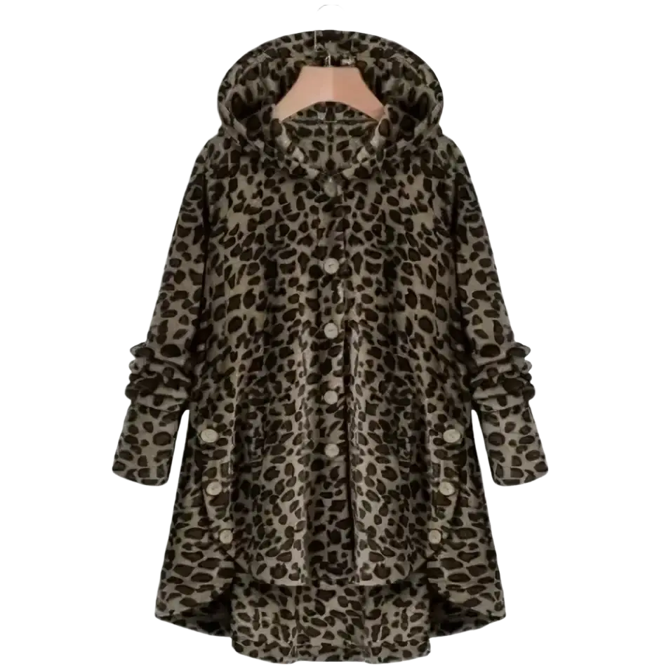 Fleece hooded winter coat for women featuring a cozy oversized leopard-print design with plush texture and button closures