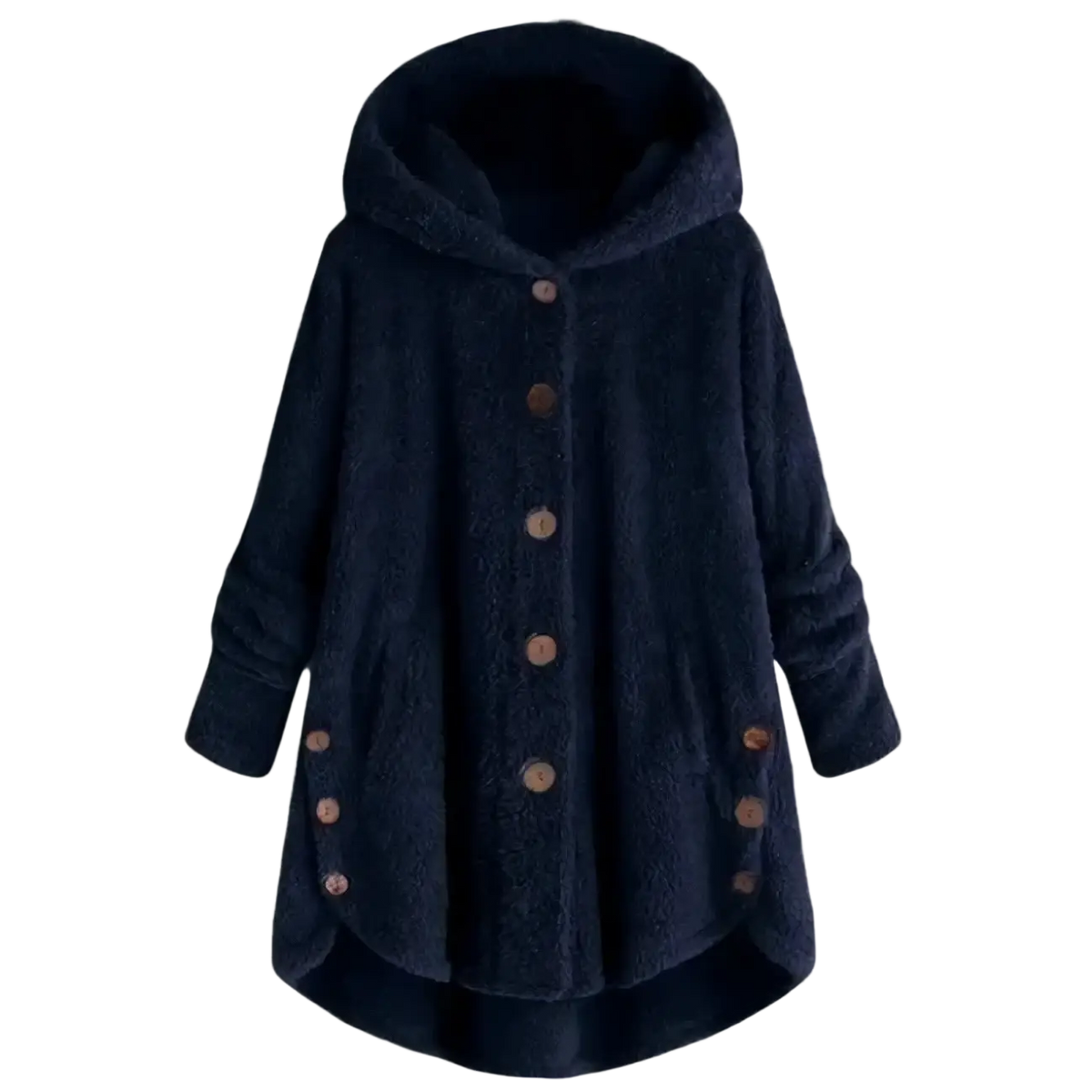 Dark blue fleece hooded winter coat for women with wooden buttons and side pockets made of fuzzy material