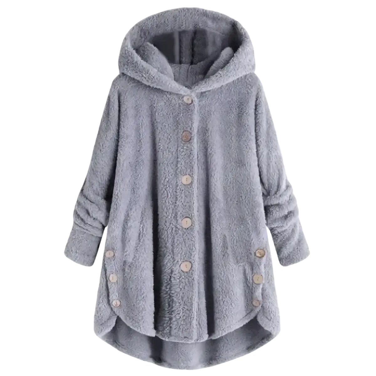 Gray fleece hooded winter coat for women with wooden buttons and relaxed oversized silhouette made of fuzzy material