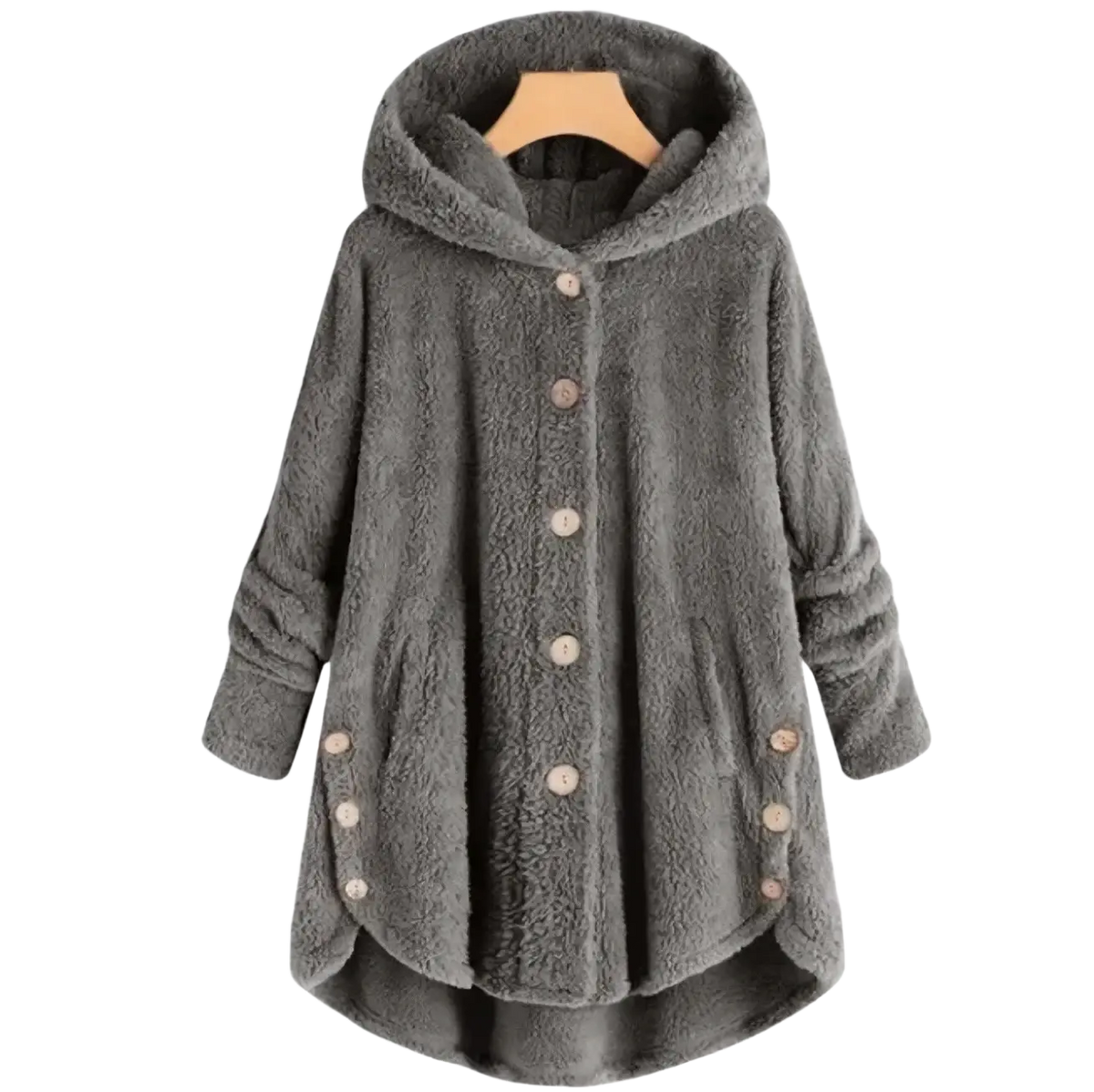 Gray fleece hooded winter coat for women with wooden buttons and side pockets made of fuzzy material