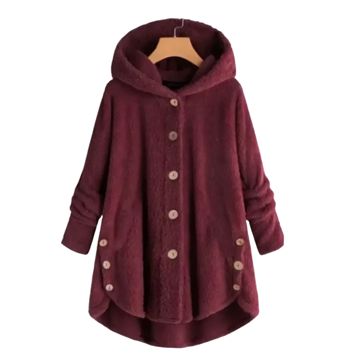 Fleece hooded winter coat for women in maroon fuzzy fabric with beige buttons and relaxed asymmetrical hemline