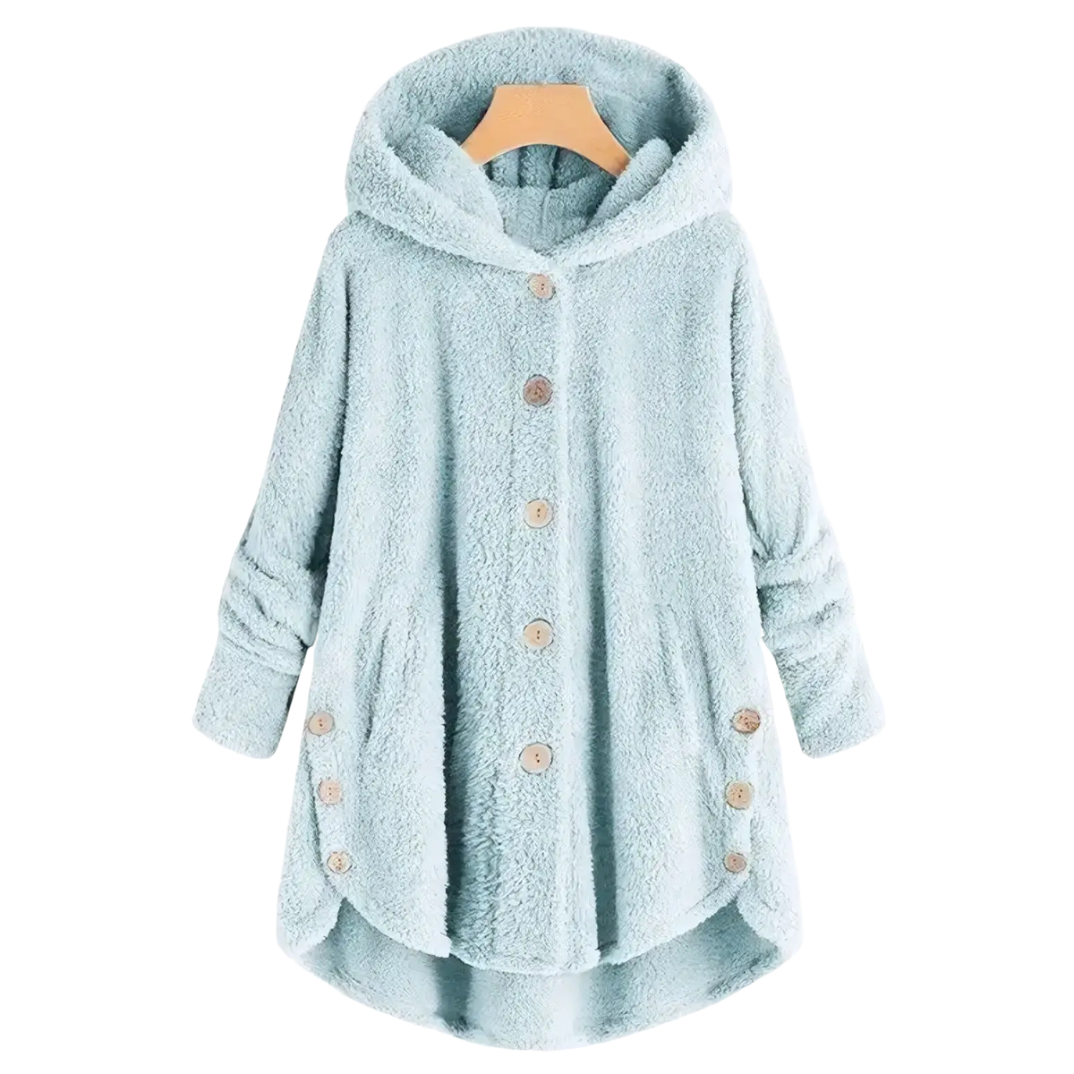 A soft light blue fleece hooded winter coat for women with wooden buttons and side pockets