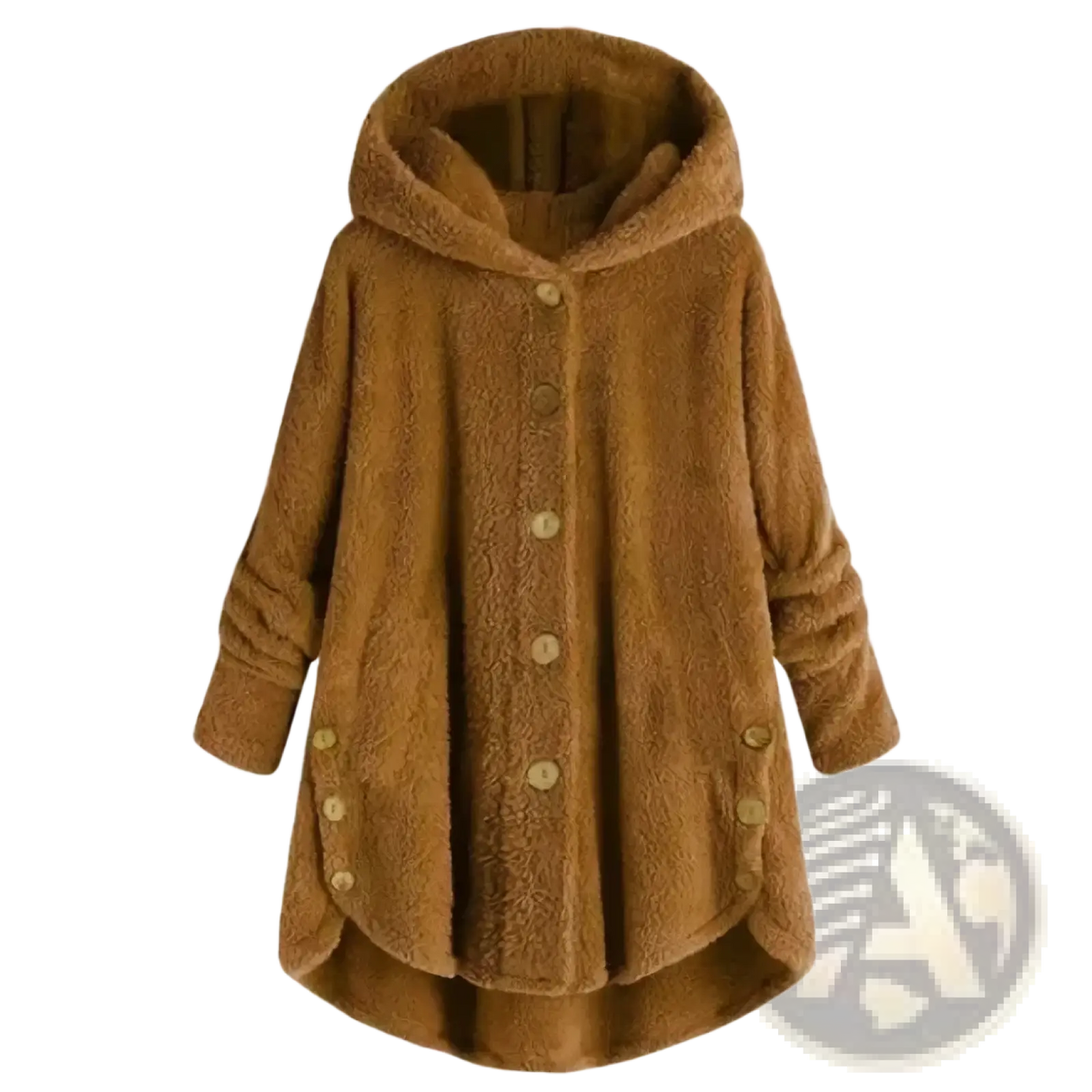 Fleece hooded winter coat for women in brown fuzzy material with button closures and side pockets