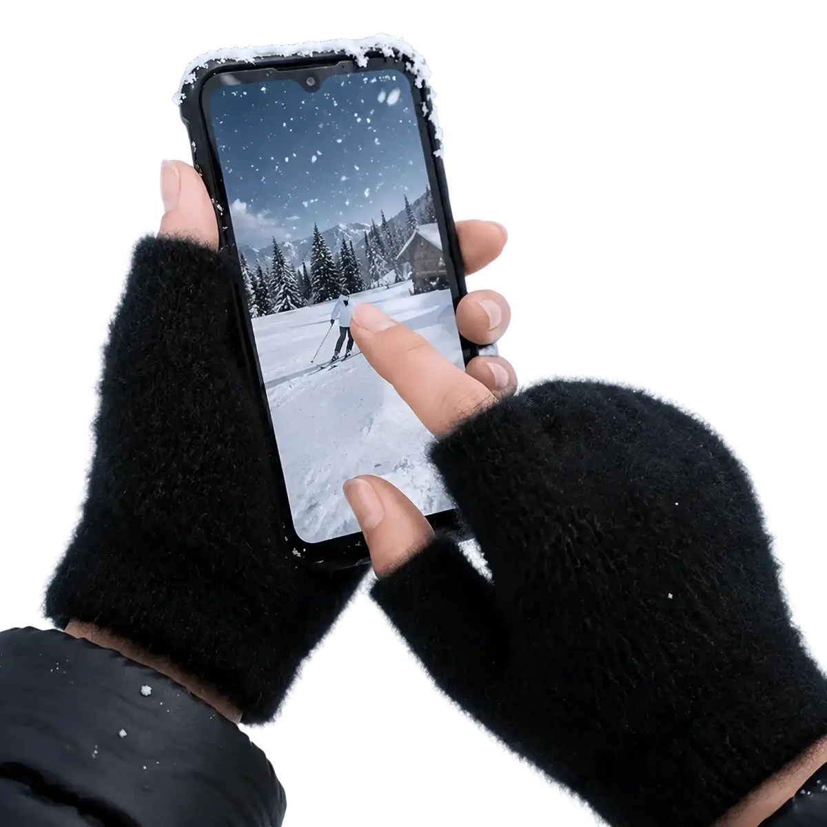 Black fleece-lined fingerless gloves for women worn on hands holding a smartphone showing front side details