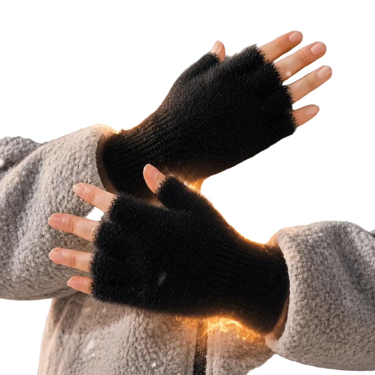 Black fleece-lined fingerless gloves for women with cozy textured knitted fabric for warmth and comfort
