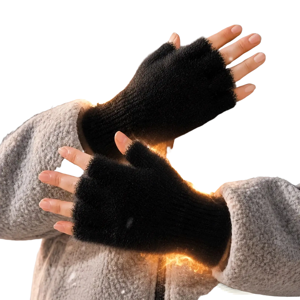 Black knitted fleece-lined fingerless gloves for women with soft fuzzy texture shown from the back side