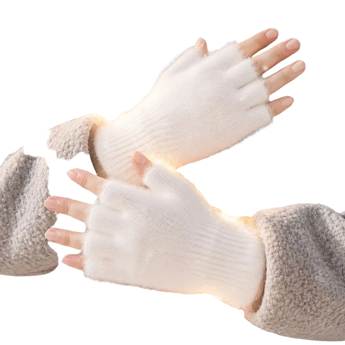 Fleece-lined fingerless gloves for women in soft white knitted fabric with a fuzzy texture worn over gray fleece jacket
