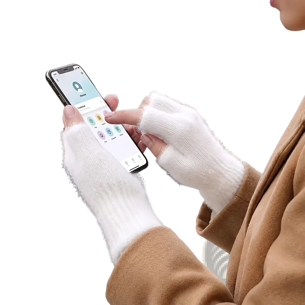 White fleece-lined knit fingerless gloves for women worn on hands holding a smartphone