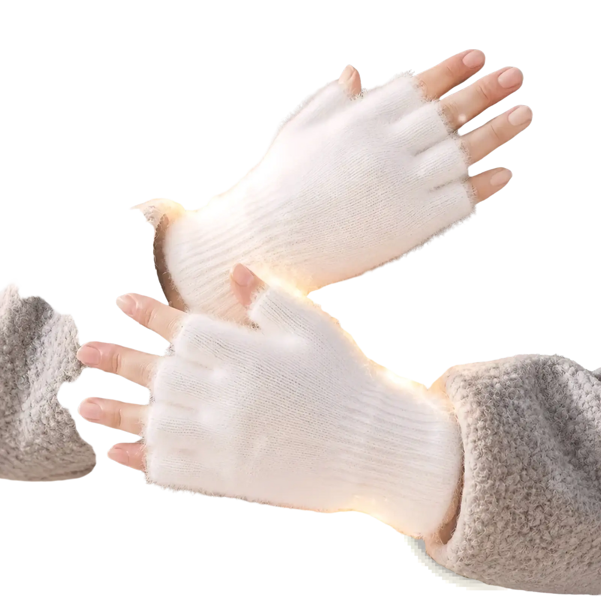 White fleece-lined fingerless gloves for women with a soft plush knit texture and warm fuzzy material