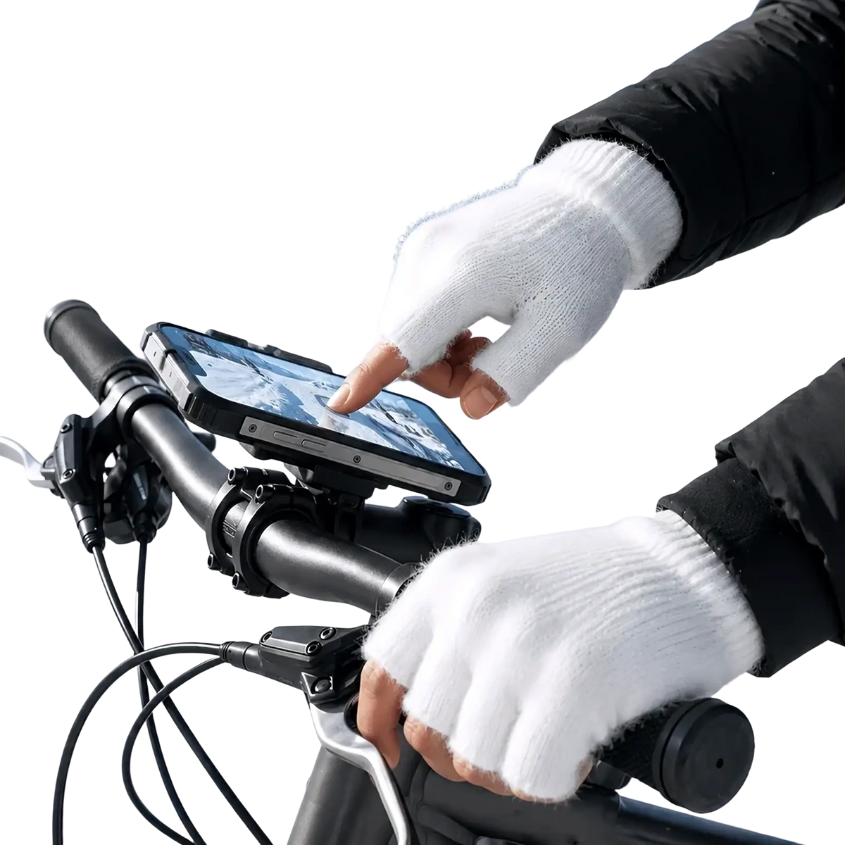 White fleece-lined knitted fingerless gloves worn on a cyclist’s hands showcasing warmth and dexterity