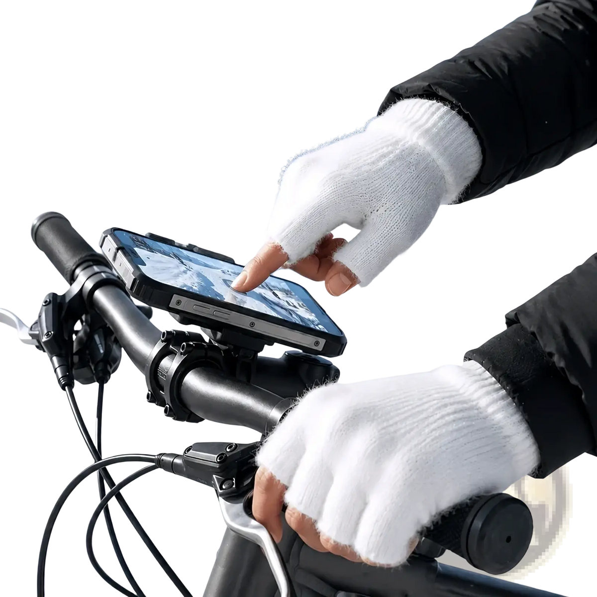 White fleece-lined knitted fingerless gloves worn on a cyclist’s hands showcasing warmth and dexterity