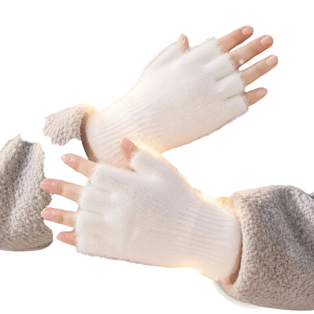 Fleece-lined fingerless gloves for women in soft white knitted fabric with a fuzzy texture worn over gray fleece jacket