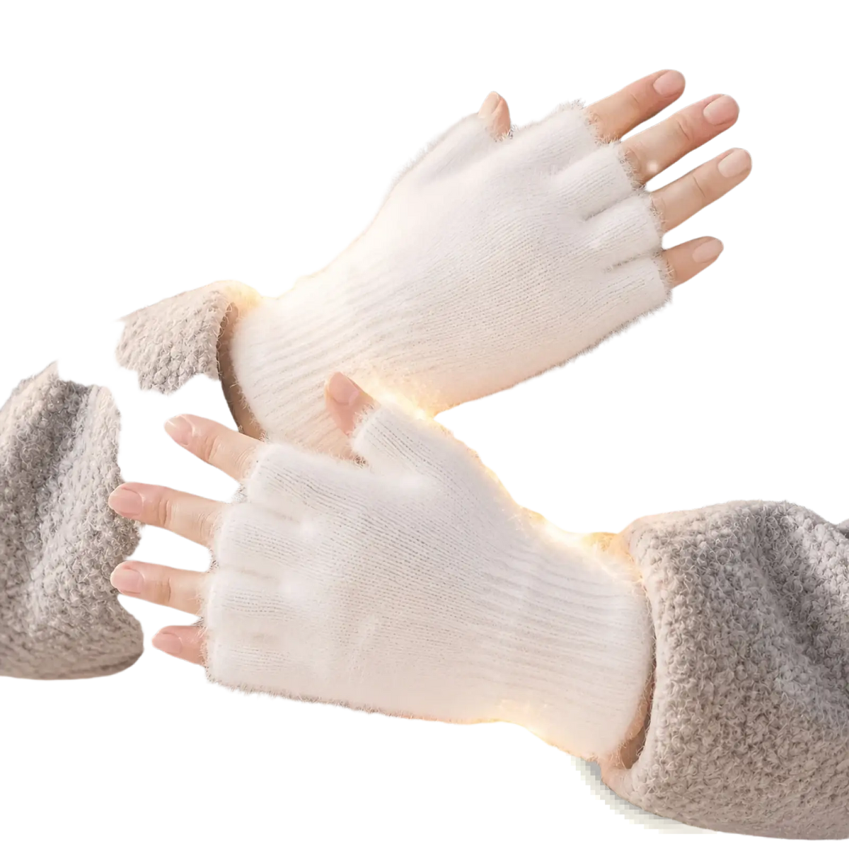 Fleece-lined fingerless gloves for women in soft white knitted fabric with a fuzzy texture worn over gray fleece jacket