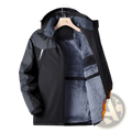 Black and gray fleece lined heavyweight winter coat with hood and thick insulated interior for warmth