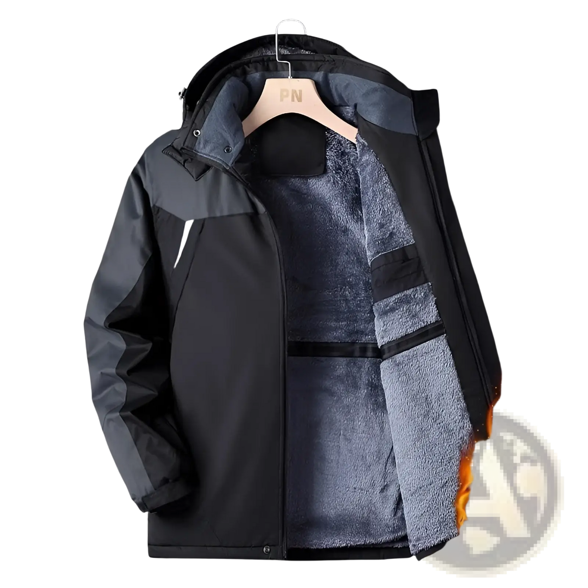 Black and gray fleece lined heavyweight winter coat with hood and thick insulated interior for warmth