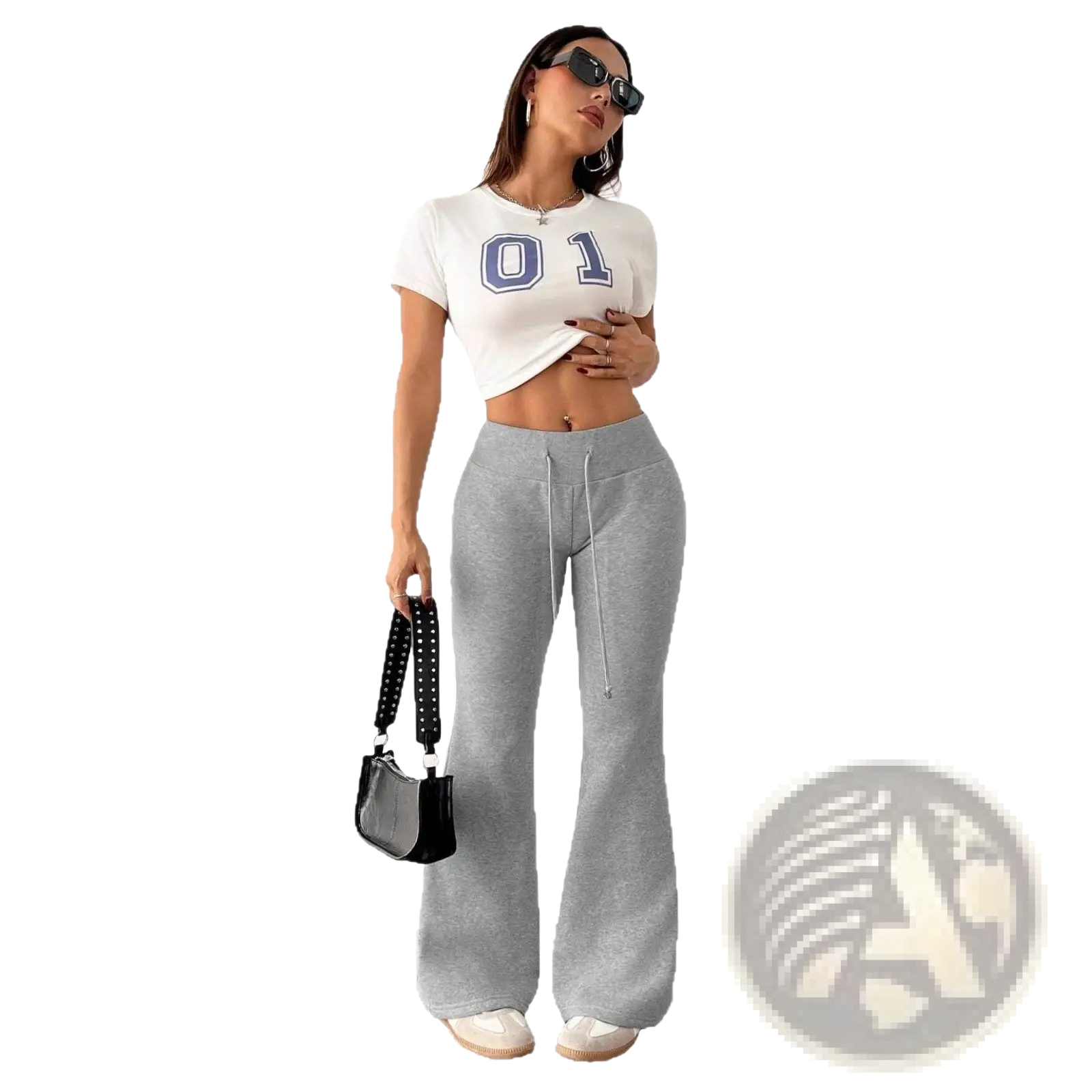 Gray fleece lined high waist flared sweatpants with drawstring waistband for comfortable casual wear