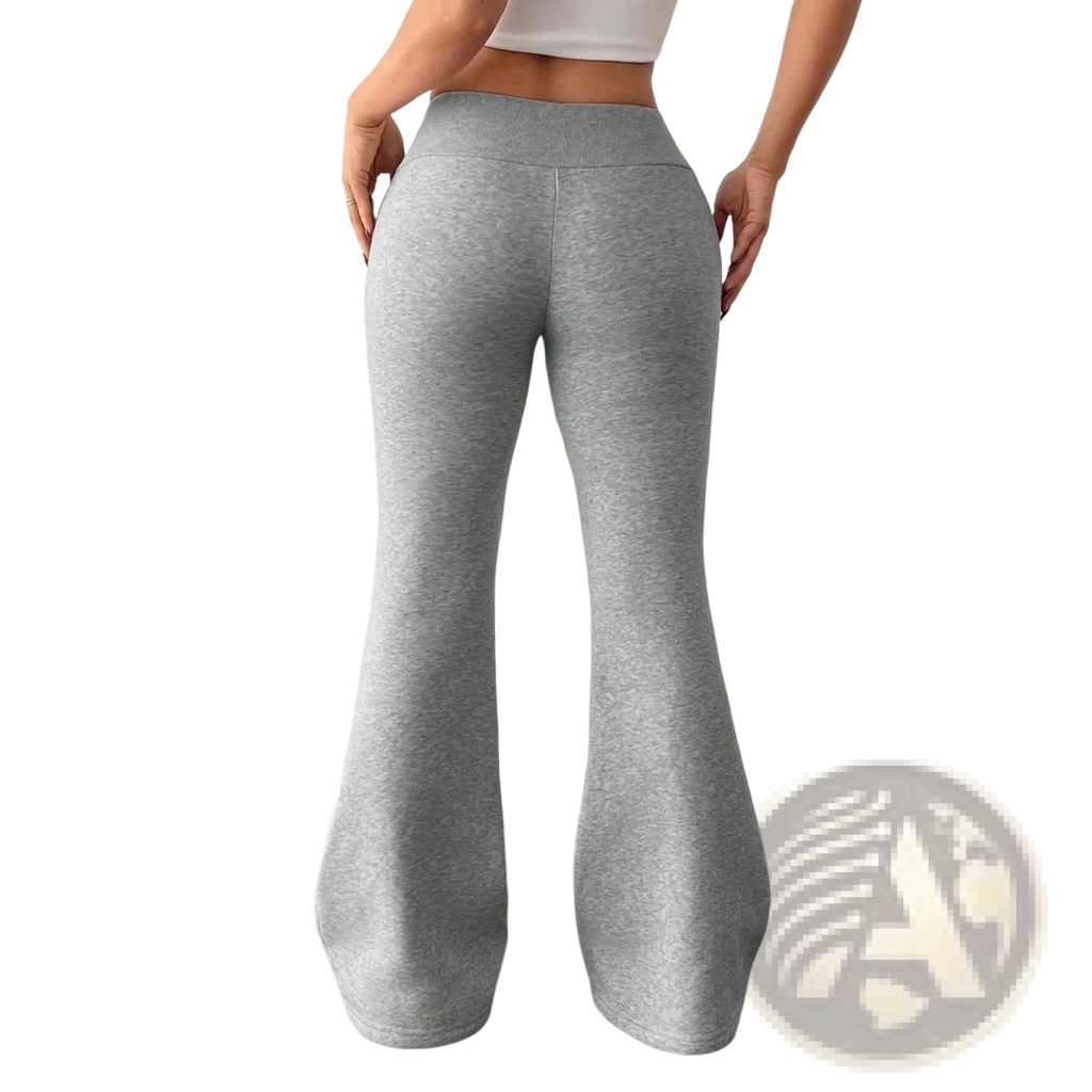 Gray heathered fleece lined high waist flared sweatpants designed for comfortable yoga and casual wear